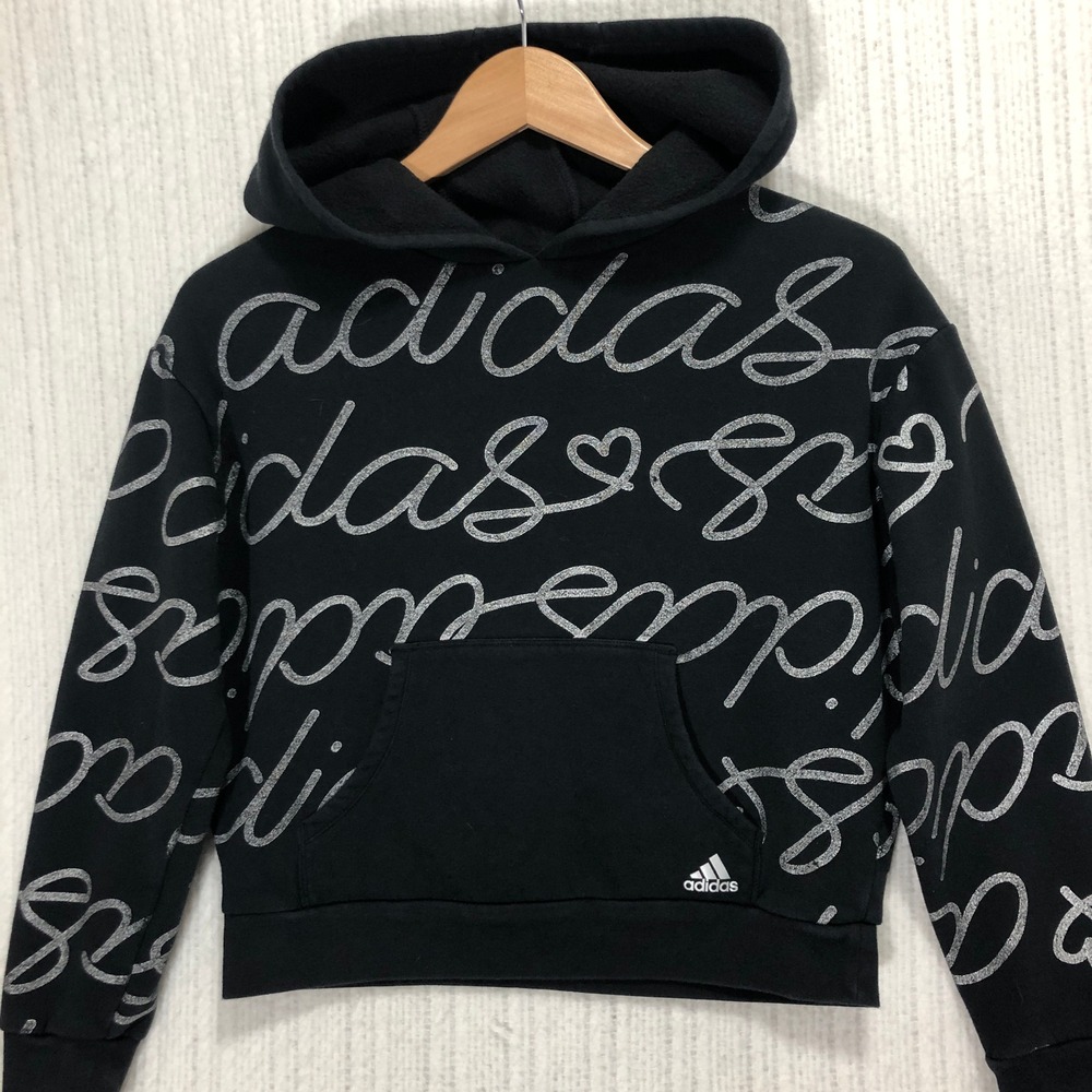 Adidas Hoodie Sweatshirt All Over Print Heart Black Loose Fit Size US 10/12